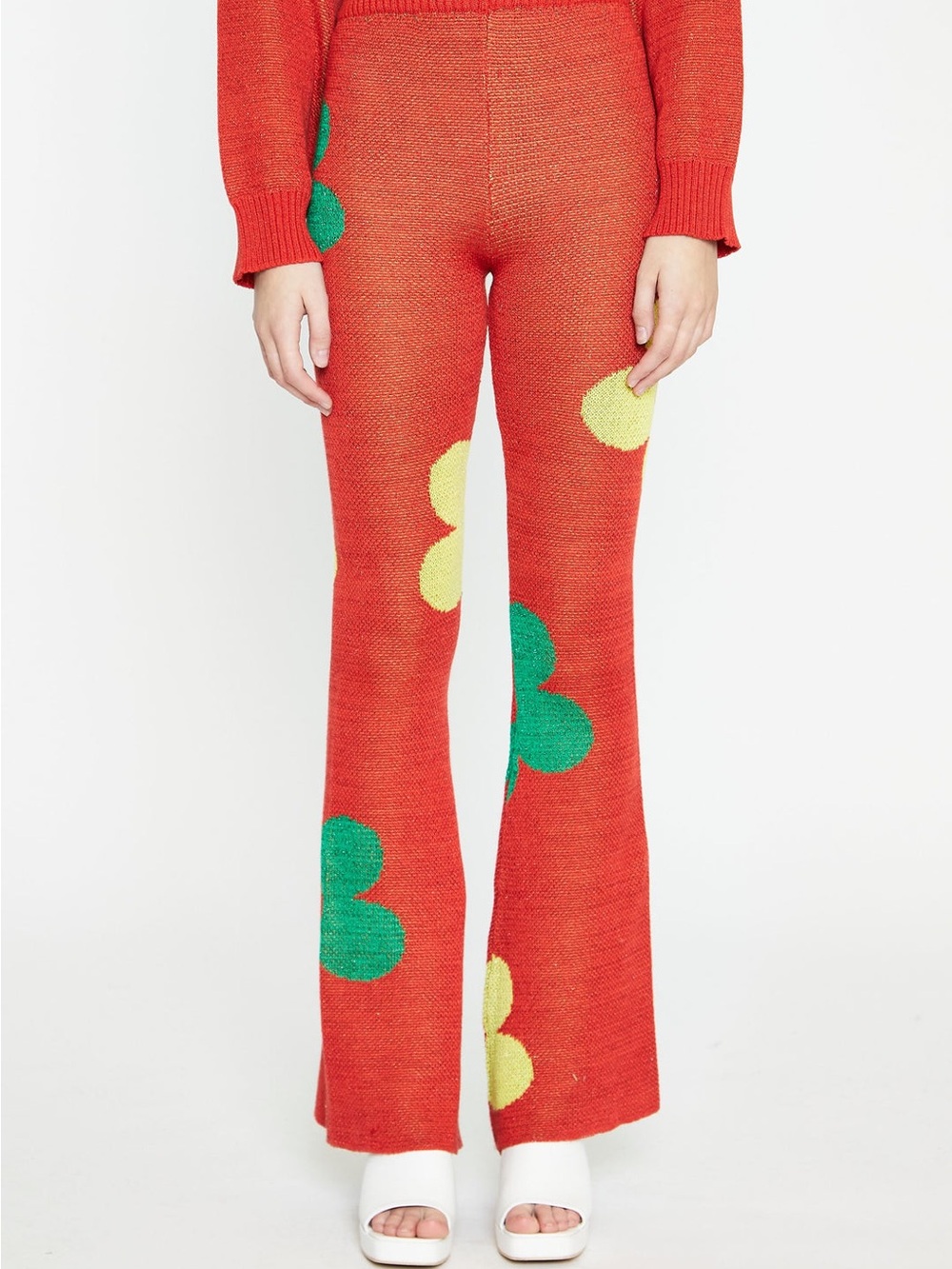 Glamorous Red Knit Flare Pants with Green & Yellow Floral Spots